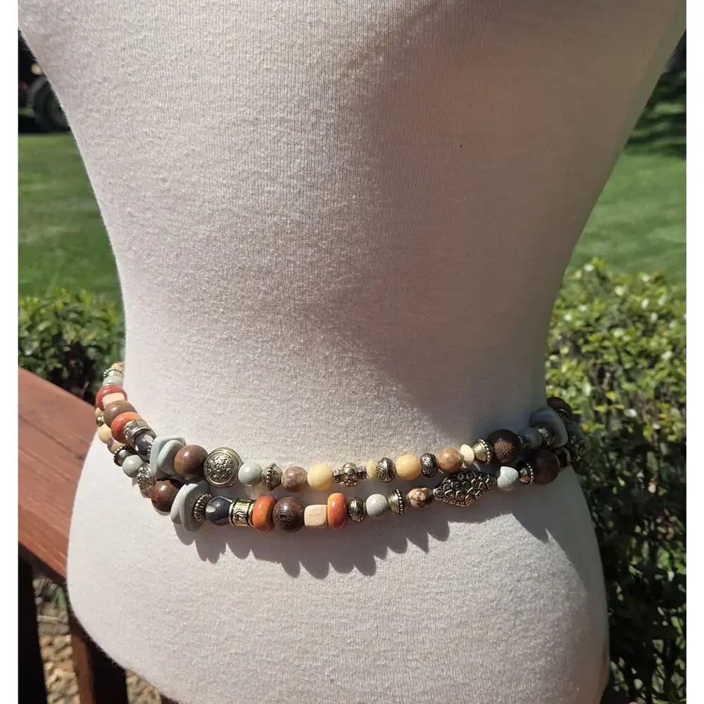 Boho Double Strand Beaded Waist Belt Neutral Earthy Adjustable Festival Belt
